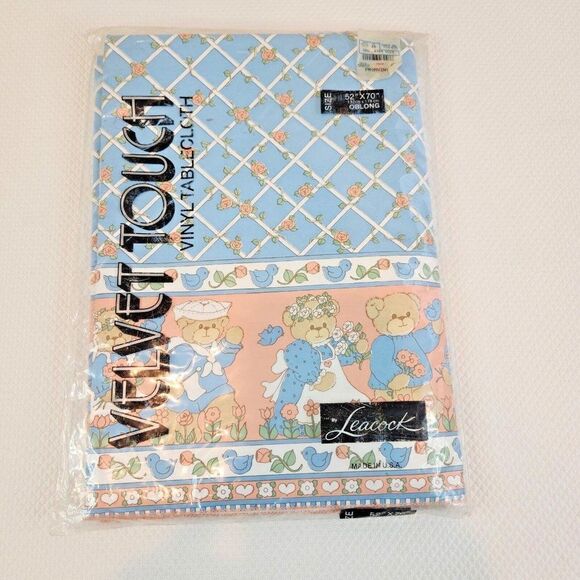 Vintage 80s Vinyl Tablecloth Lucy and Me Bears Blue Pink Oblong 52x70 - Picture 1 of 6